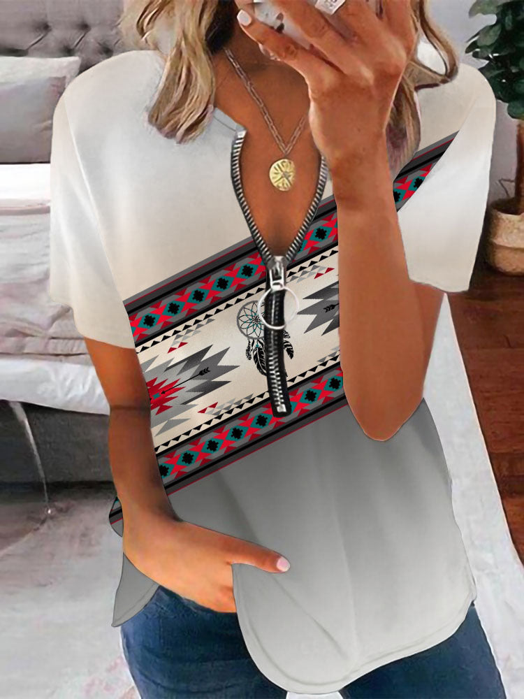Damen T-Shirt mit Reißverschluss und Musterdetails Drune