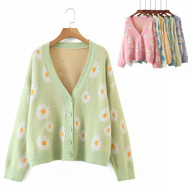 Damen Strickjacke mit Blumenmuster und V-Ausschnitt Drune
