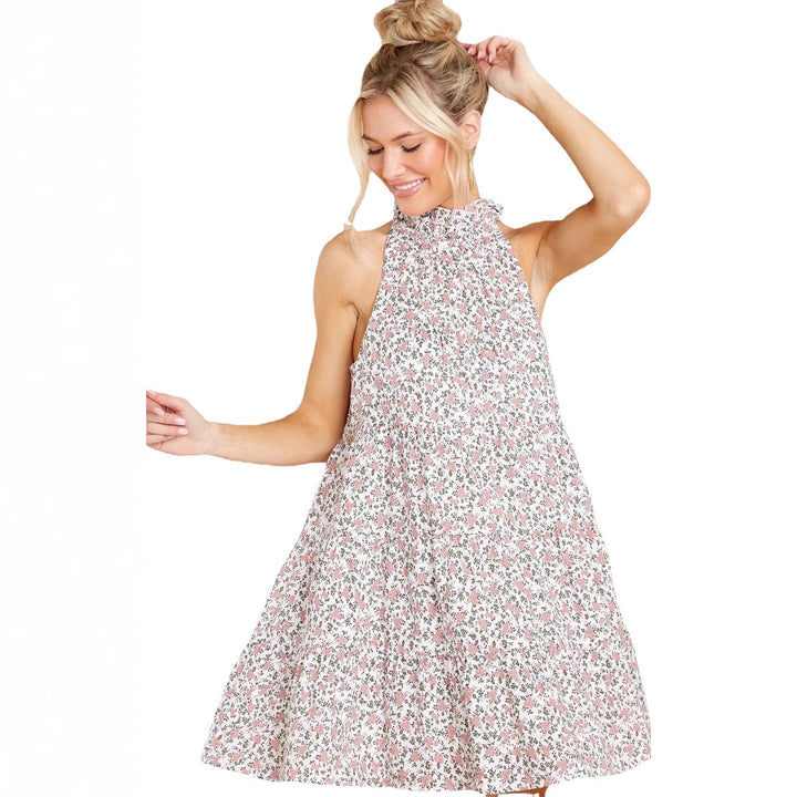 Damen Neckholder-Kleid mit verspielt-floralem Design und Rüschendetails Drune