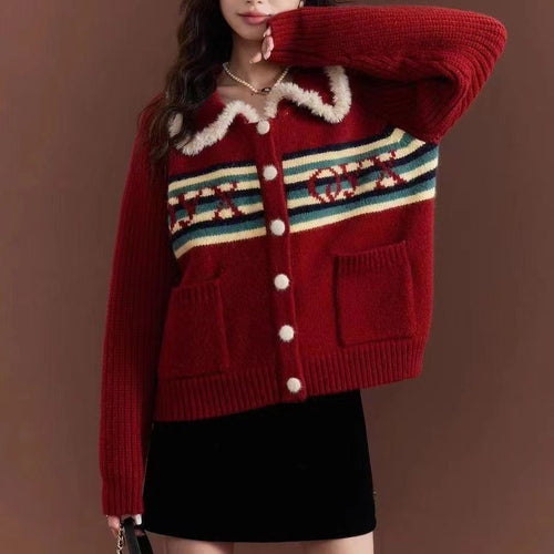 Damen Strickjacke mit farbenfrohem Muster und Kuschelkragen Drune