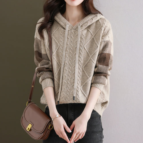 Damen Strickpullover mit Kapuze und modischem Karomuster Drune