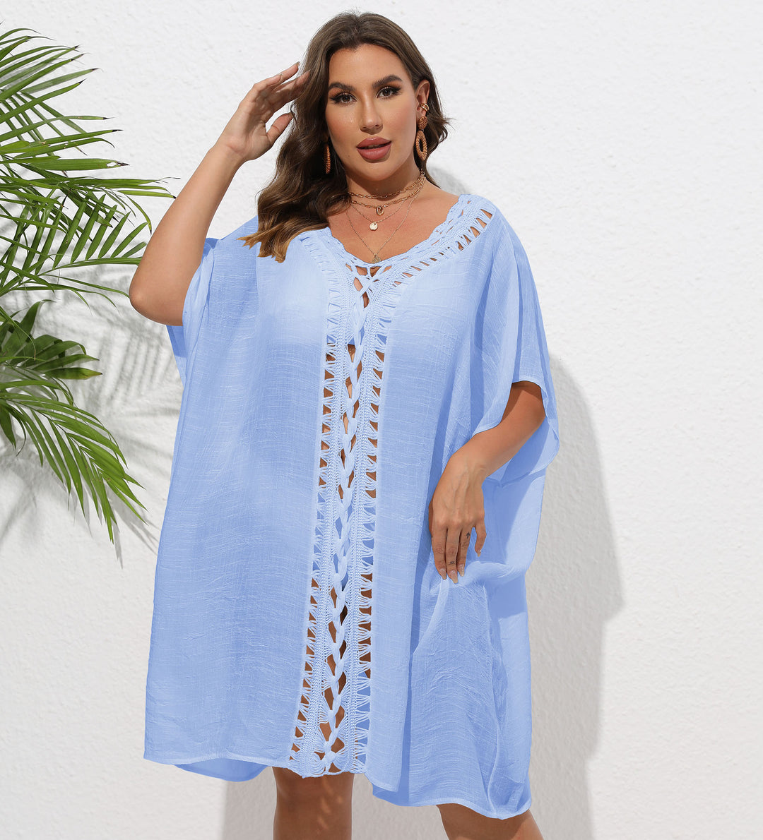 Damen Luftiger Strandkimono mit dekorativer Häkelspitze Drune
