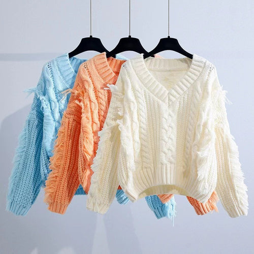 Damen Stylischer Strickpullover mit Fransen und Zopfmuster Drune
