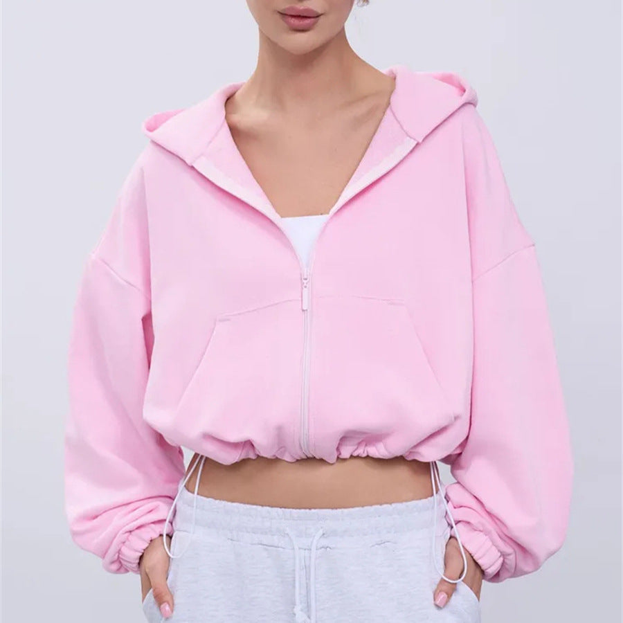 Damen lässiger cropped Kapuzenpullover mit voluminösen Ärmeln Drune