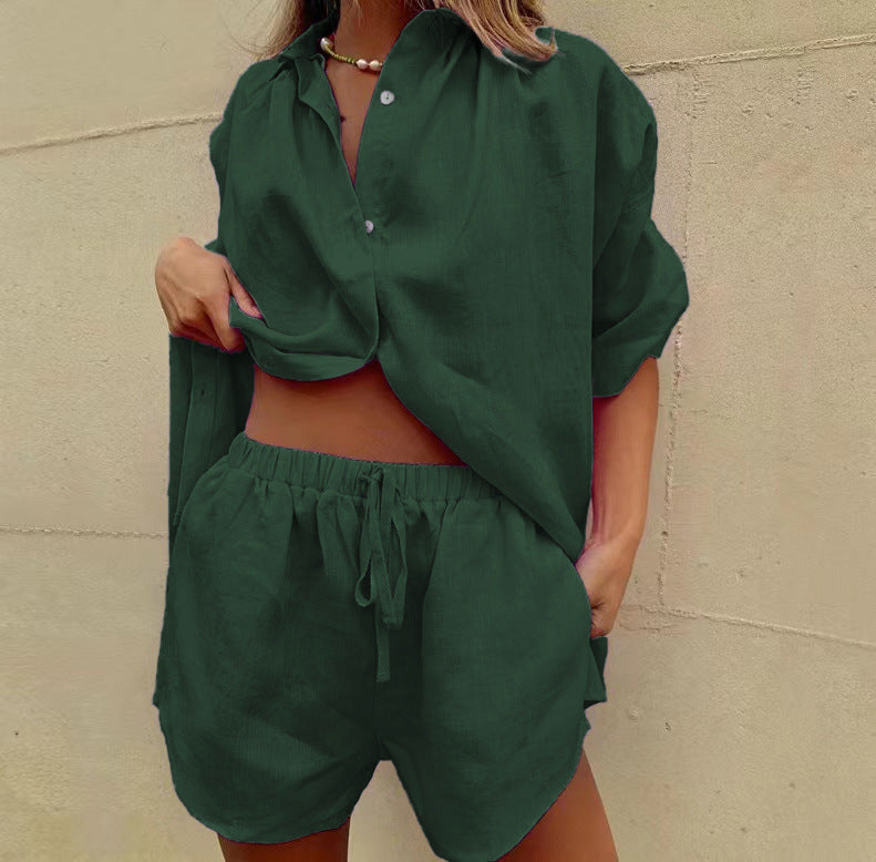 Damen lässiges Leinen Oberteil mit Shorts Drune