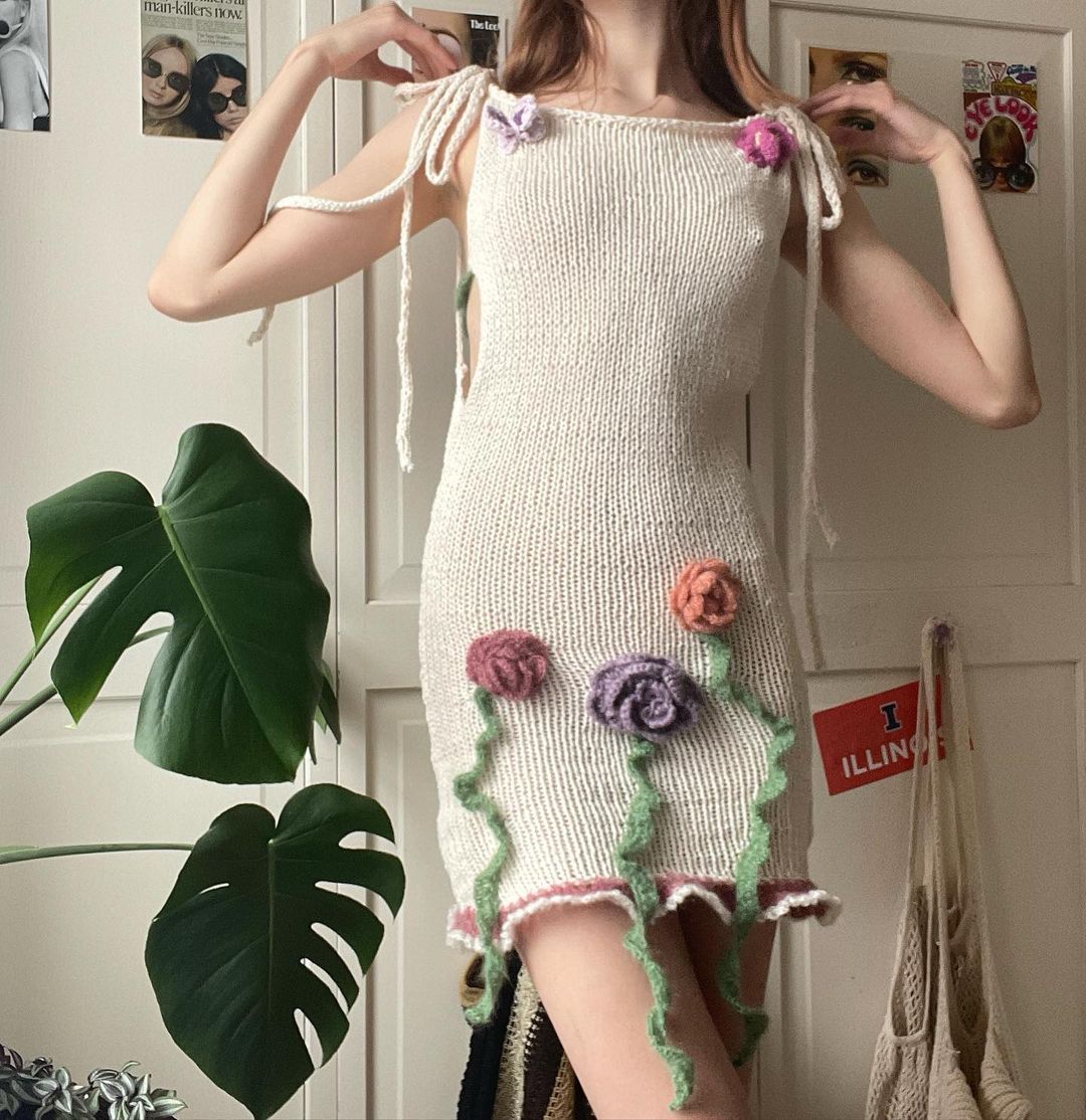 Damen gehäkeltes Sommerkleid mit floralen Applikationen Drune