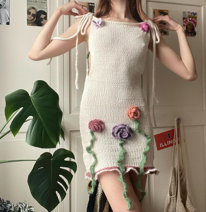 Damen gehäkeltes Sommerkleid mit floralen Applikationen Drune
