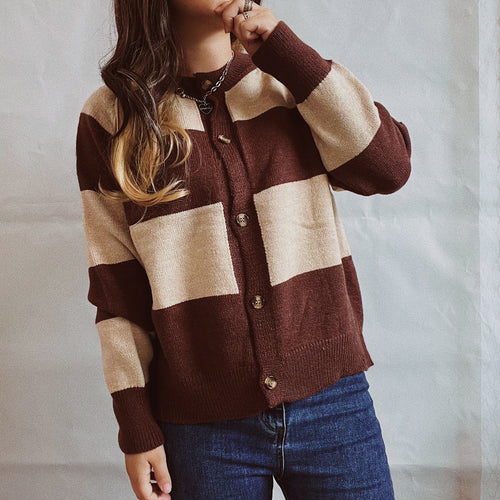 Damen lässige Strickjacke mit modischem Blockstreifenmuster und hochwertigen Knöpfen Drune