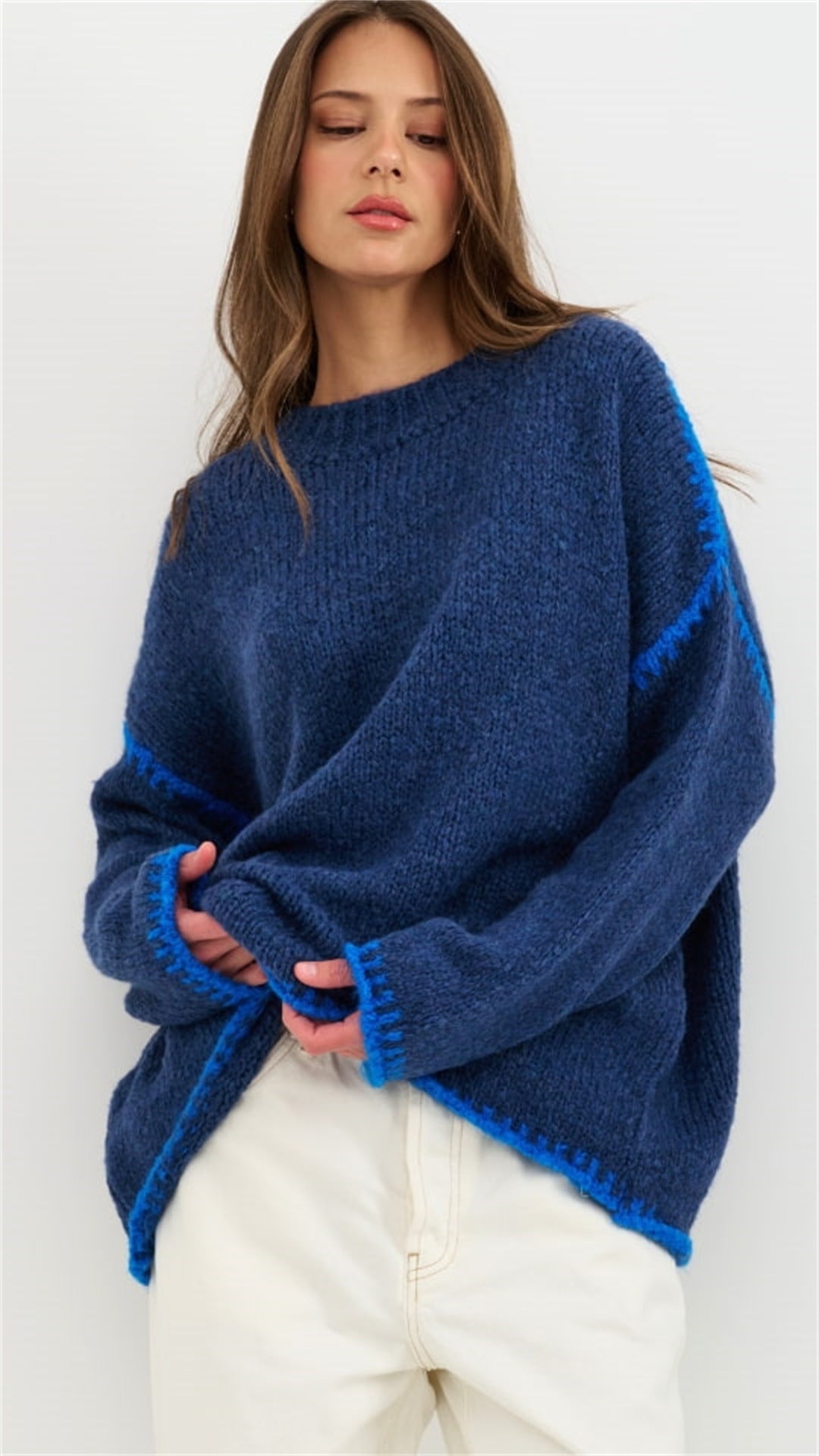 Damen lässiger Strickpullover mit farblich akzentuiertem Saum Drune
