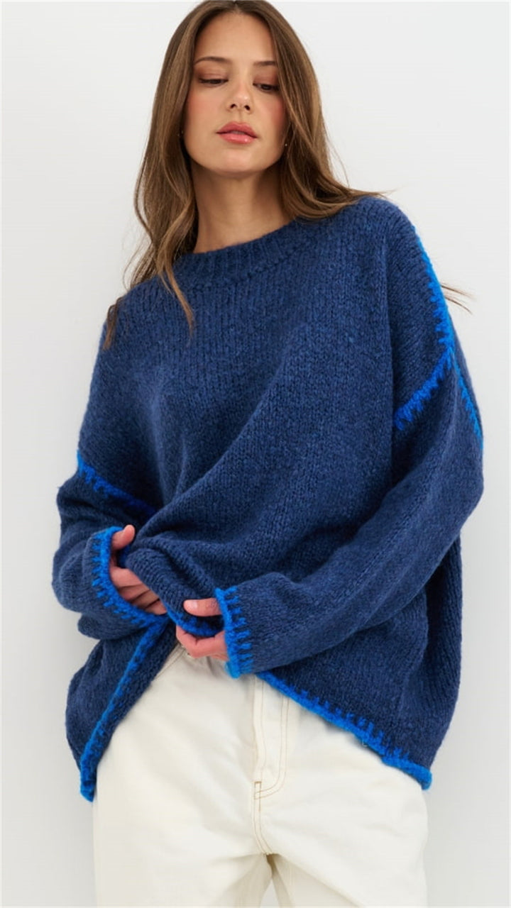 Damen lässiger Strickpullover mit farblich akzentuiertem Saum Drune