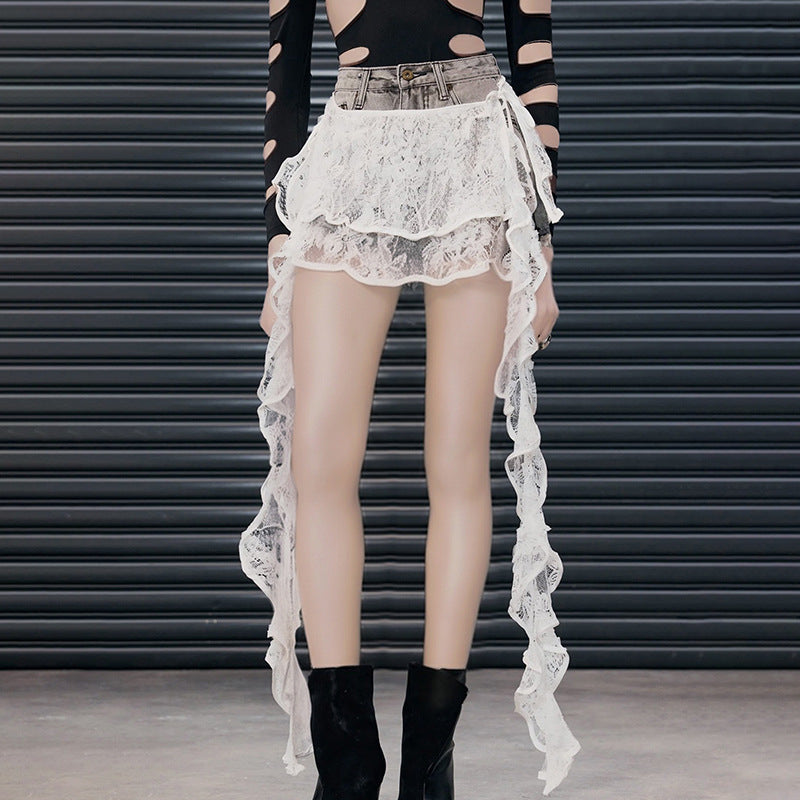 Damen asymmetrischer Spitzenrock mit elegantem Rüschendesign Drune