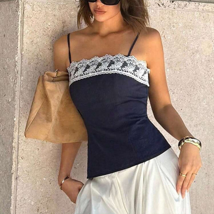 Damen Spaghetti-Träger Top mit elegantem Spitzenrand Drune