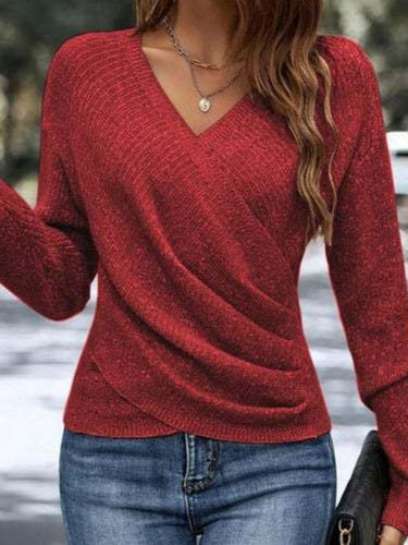 Damen nan figurbetonter Wickel-Strickpullover mit V-Ausschnitt und feiner Rippenstruktur Drune