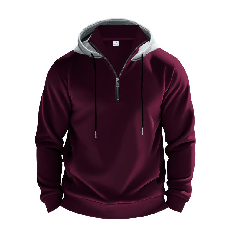 Herren nan sportives Kapuzen-Sweatshirt mit kurzem Frontreißverschluss, kontrastgefütterter Kapuze und elastischen Rippbündchen Drune