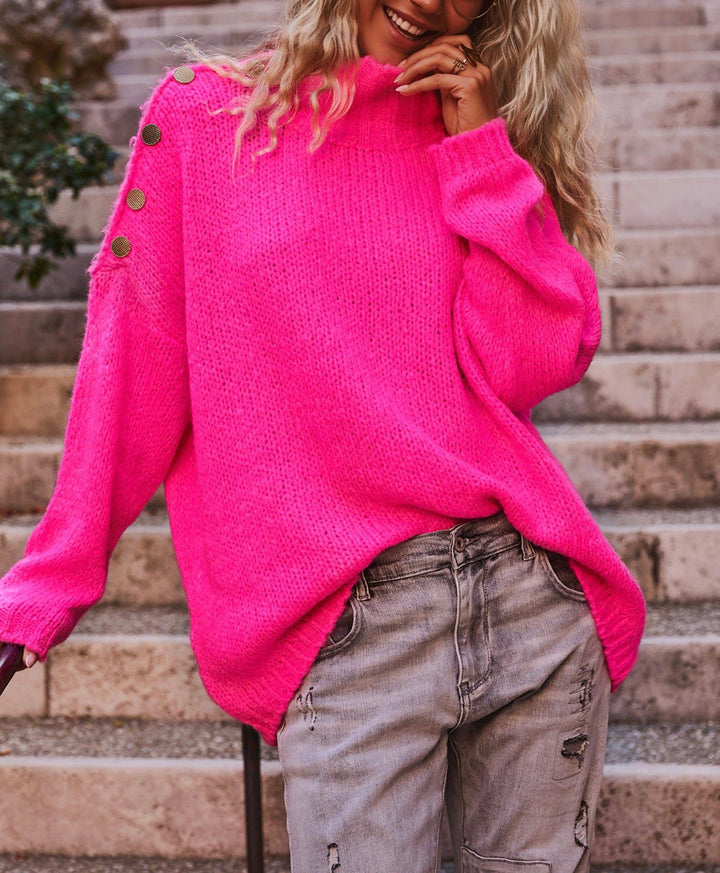 Damen Oversized Strickpullover mit hohen Kragen und dekorativen Knöpfen Drune