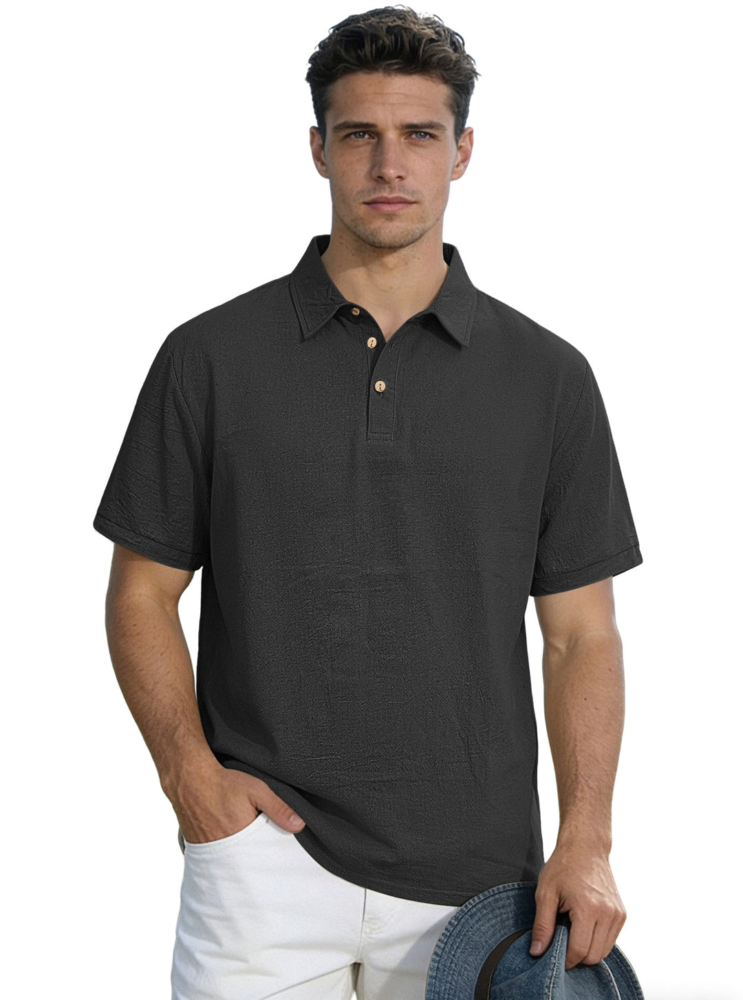 Herren nan legeres Kurzarm-Polo mit Hemdkragen, Kurzknopfleiste und strukturierter Baumwollmischung Drune