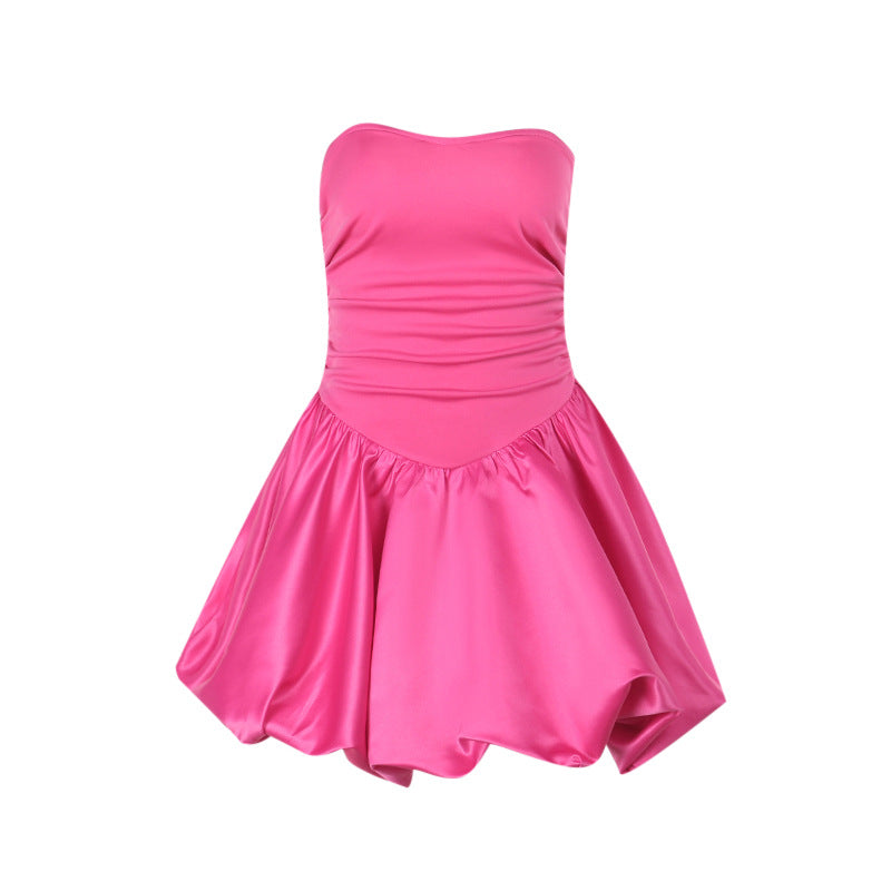 Damen kurzes A-Linien Kleid mit schulterfreiem Design und glatter Satin-Oberfläche Drune