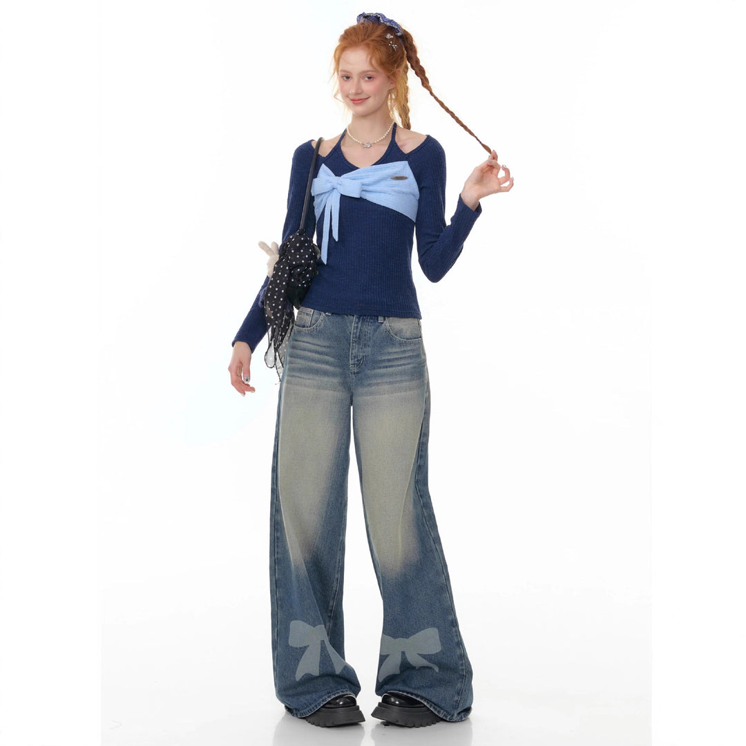 Damen nan hochtaillierte Palazzohose aus Denim mit extra weitem Bein und Schleifenprint Drune