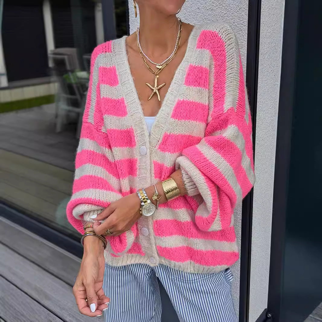 Damen lässiger Strickcardigan mit einzigartigem Streifenmuster Drune