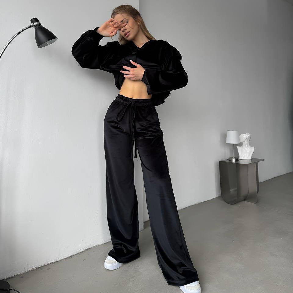 Damen Luxuriöser Samt-Set mit cropped Oberteil undweitem Hose Drune