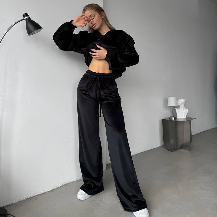 Damen Luxuriöser Samt-Set mit cropped Oberteil undweitem Hose Drune
