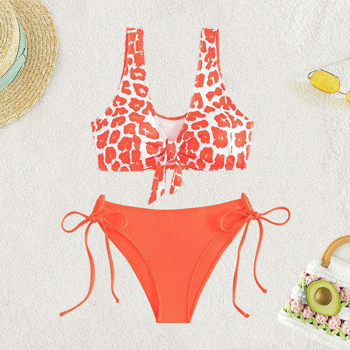 Damen Triangel-Bikini Set mit verspieltem Leopardenmuster und praktischen Bindebändern Drune