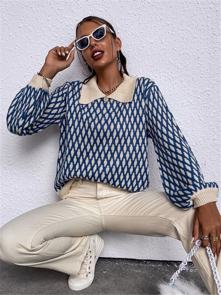 Damen Designer Pullover mit Kontrastkragen Drune
