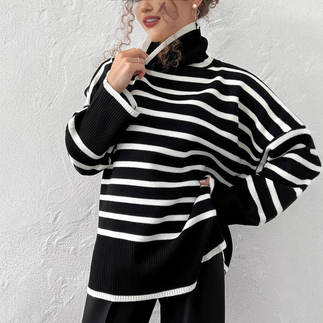 Damen modischer gestreifter Strickpullover mit Stehkragen Drune