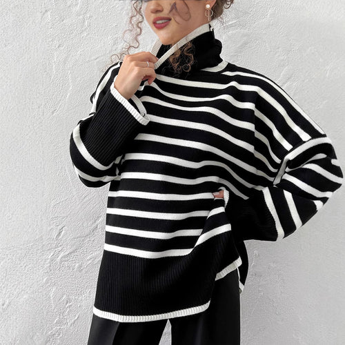 Damen modischer gestreifter Strickpullover mit Stehkragen Drune