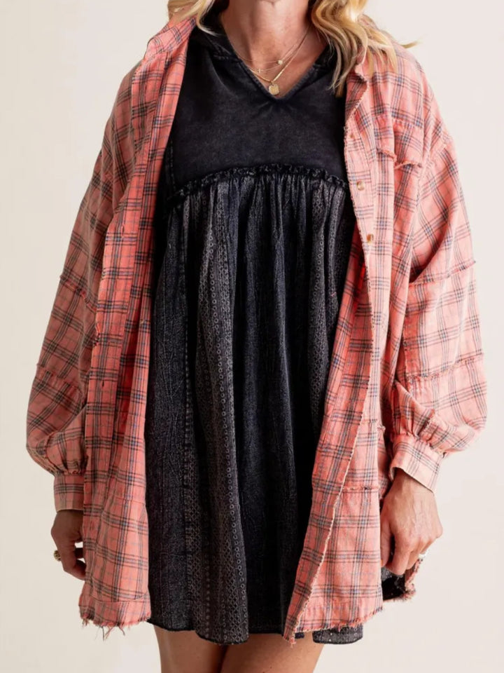Damen lässige Oversized-Hemdjacke mit Karomuster Drune