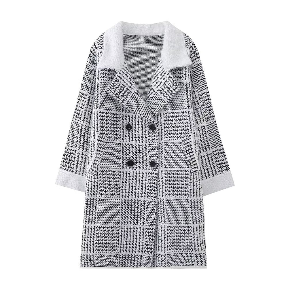 Damen modische Übergangsjacke mit strukturiertem Karomuster und eleganter Knopfleiste Drune