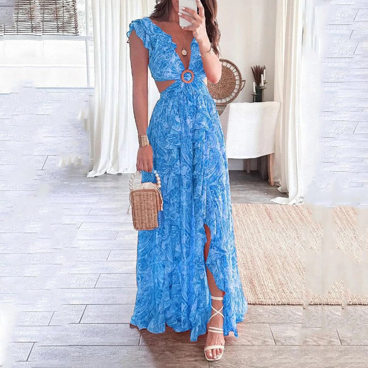 Damen Maxikleid mit hohem Schlitz und floralen Rüschendetails Drune