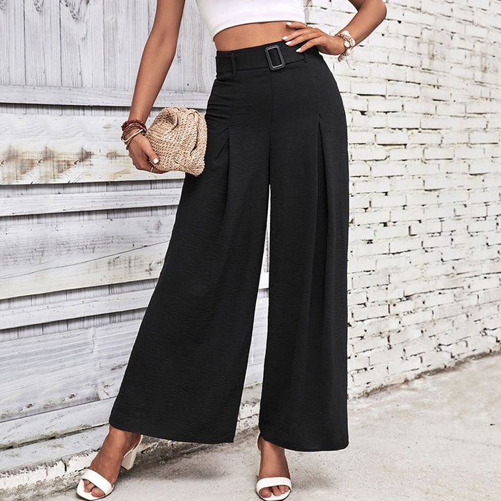 Damen weite Hochbundhose mit eleganten Falten und modischem Taillengürtel Drune