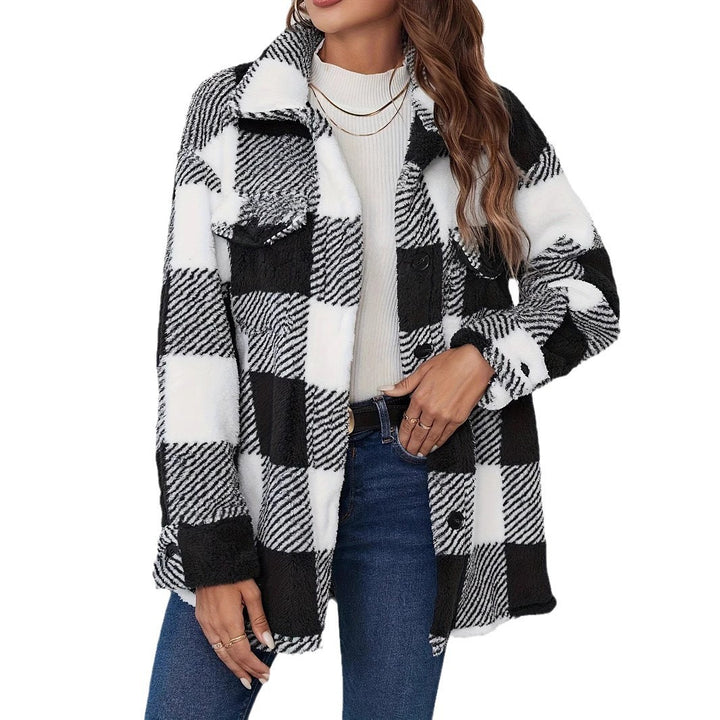 Damen Kurze Plüschjacke mit Karomuster und praktischen Taschen Drune