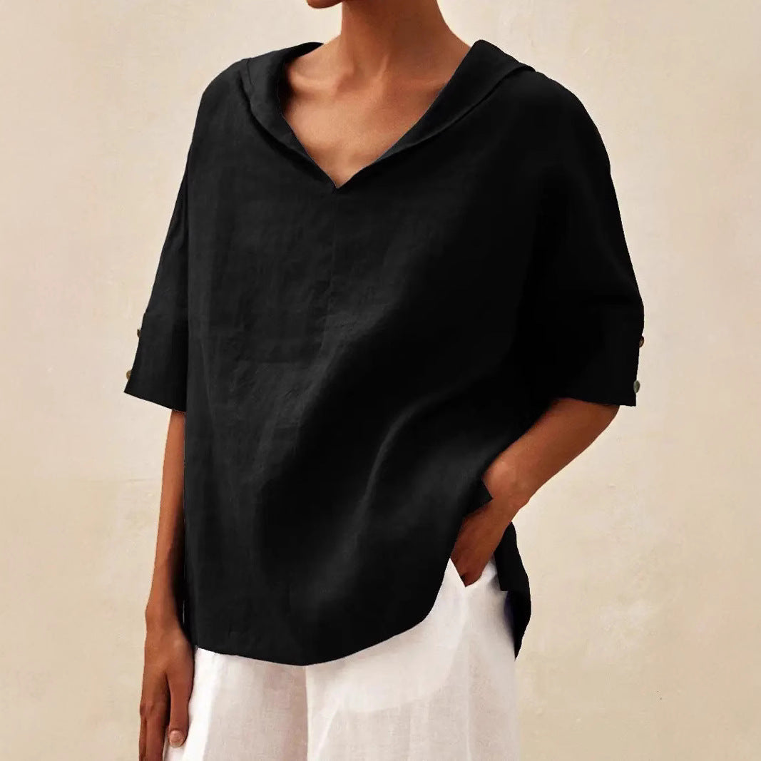 Damen lässige Leinenbluse mit Kapuze und kurzen Ärmeln Drune