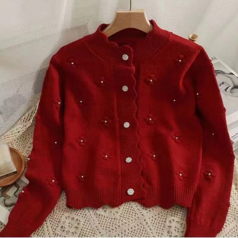Damen kuschelige Strickjacke mit Blumenapplikationen Drune