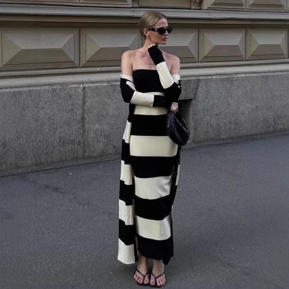 Damen schickes Bandeau-Maxikleid mit grafischem Streifenmuster und figurbetontem Schnitt Drune