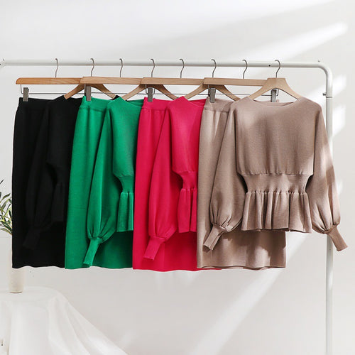 Damen elegantes Strickensemble mit Raffung und Ballonärmeln Drune