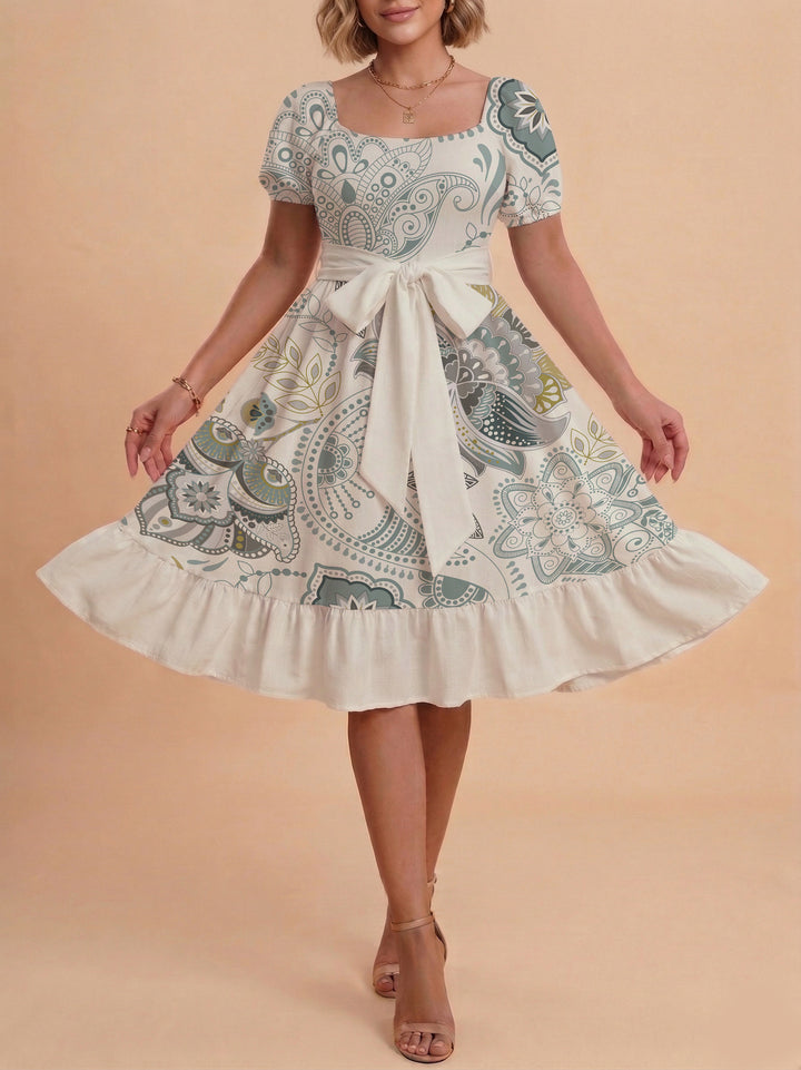 Damen modernes Blumenkleid mit elegantem Taillengürtel und asymmetrischem Saum Drune