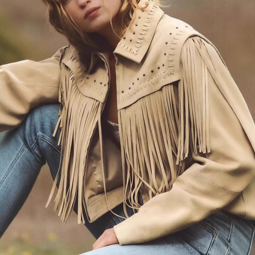 Damen modische Fransenjacke mit steinverziertem Kragen Drune