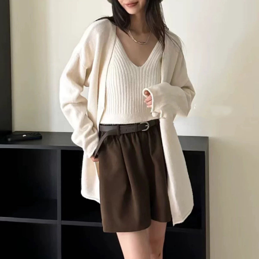 Damen lässiger Strickcardigan mit feiner Struktur und großen Knöpfen Drune