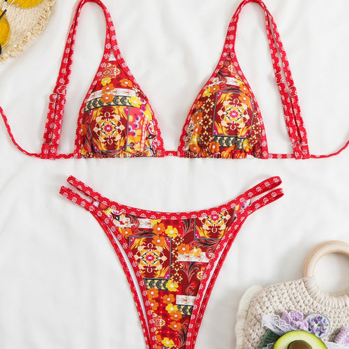 Damen Triangel-Bikini-Set mit verstellbaren Trägern und floralem Muster Drune