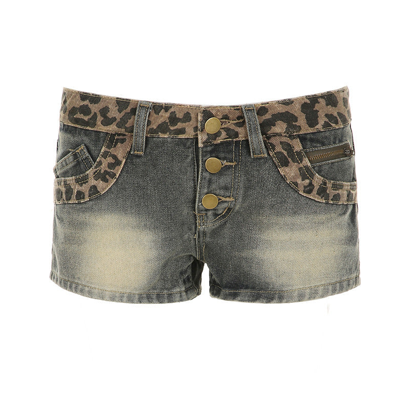 Damen Kurze Jeansshorts mit Leopardenmuster und gerafftem Bund Drune