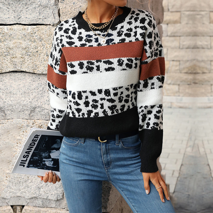 Damen gemusterter Strickpullover mit modischem Farbblockdesign und einzigartigem Animal-Print Drune