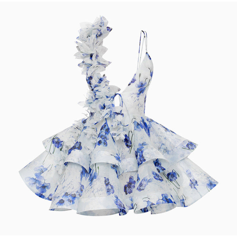 Damen verspieltes Cocktailkleid mit Rüschendesign und Blumenmuster Drune