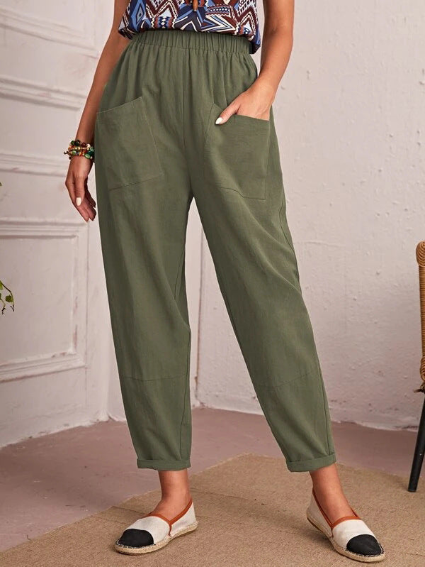 Damen bequeme Freizeithose mit elastischem Bund und großen Taschen Drune