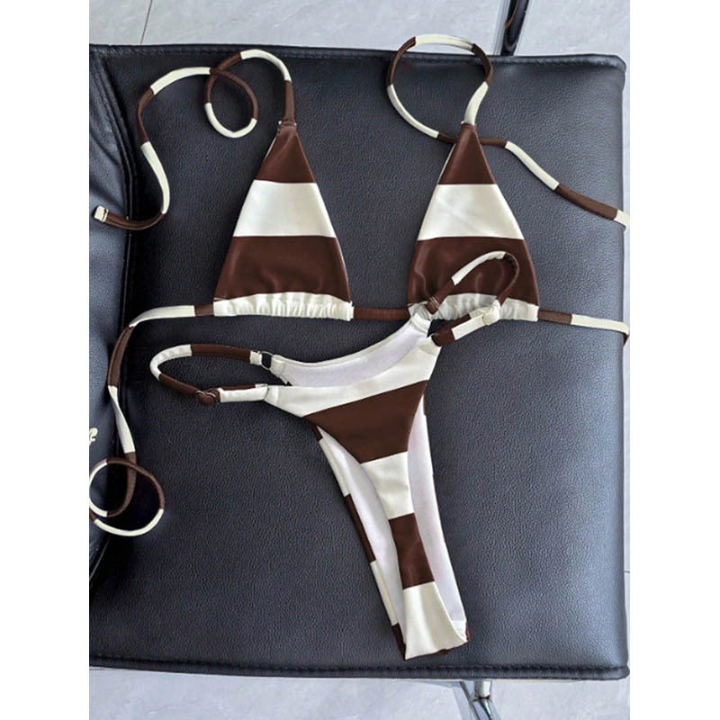 Damen Triangel-Bikini-Set mit schmalen Trägern und angesagtem Streifenmuster Drune