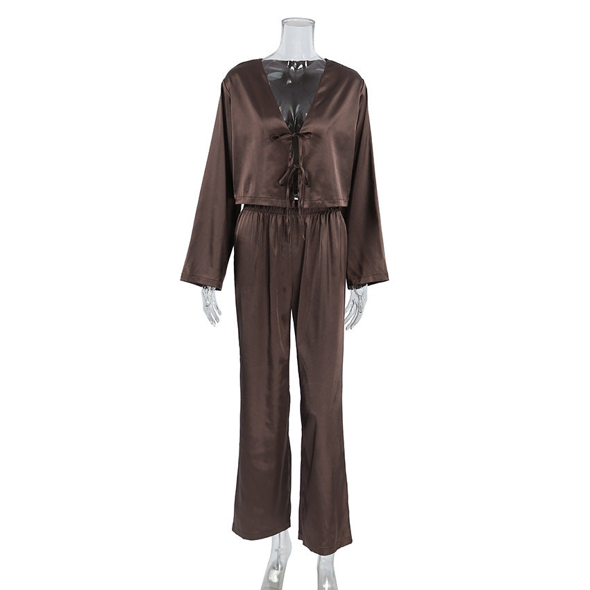 Damen elegantes Satin-Hose-Set mit tiefem V-Ausschnitt und Kordelzug Drune