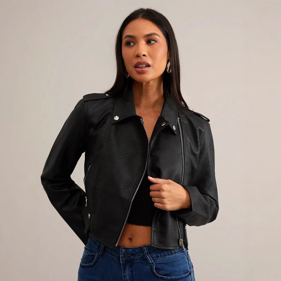 Damen modische Bikerjacke aus Kunstleder mit stilvollem Reißverschluss Drune