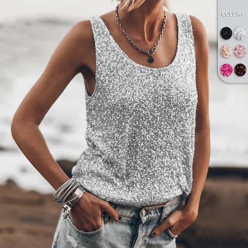 Damen Glitzerndes Top mit tiefem Rundhalsausschnitt und leichter A-Linie Drune